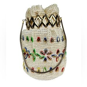 Vintage beaded & bejewelled evening bag, metal retractable closure, chain straps